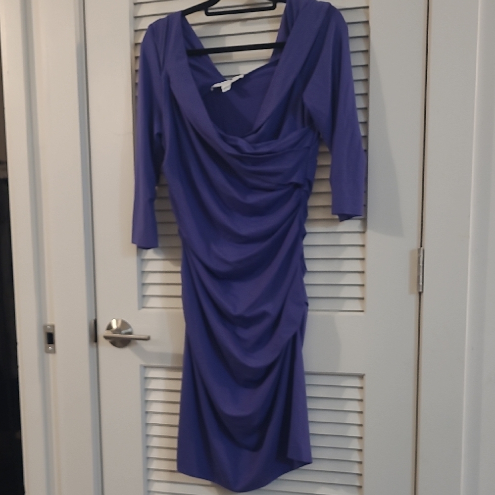 Diane Von Furstenberg Purple Sheath Dress with Cowl Neck and 3/4 Sleeves